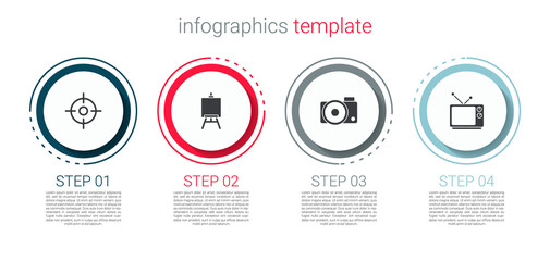 Set Target sport, Easel painting art boards, Photo camera and Retro tv. Business infographic template. Vector
