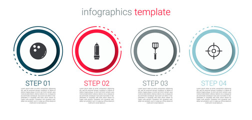 Set Bowling ball, Pencil with eraser, Spatula and Target sport. Business infographic template. Vector