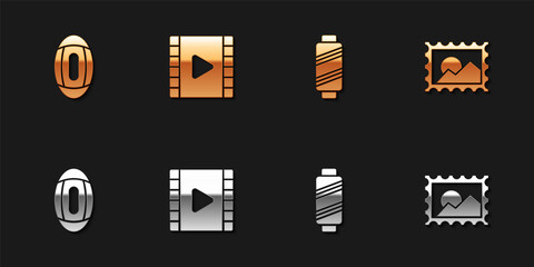 Set American Football ball, Play Video, Sewing thread on spool and Postal stamp icon. Vector