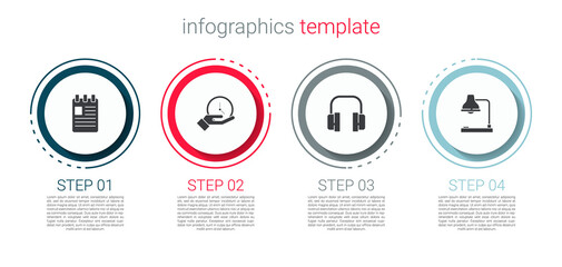 Set Spiral notebook, Clock, Headphones and Table lamp. Business infographic template. Vector