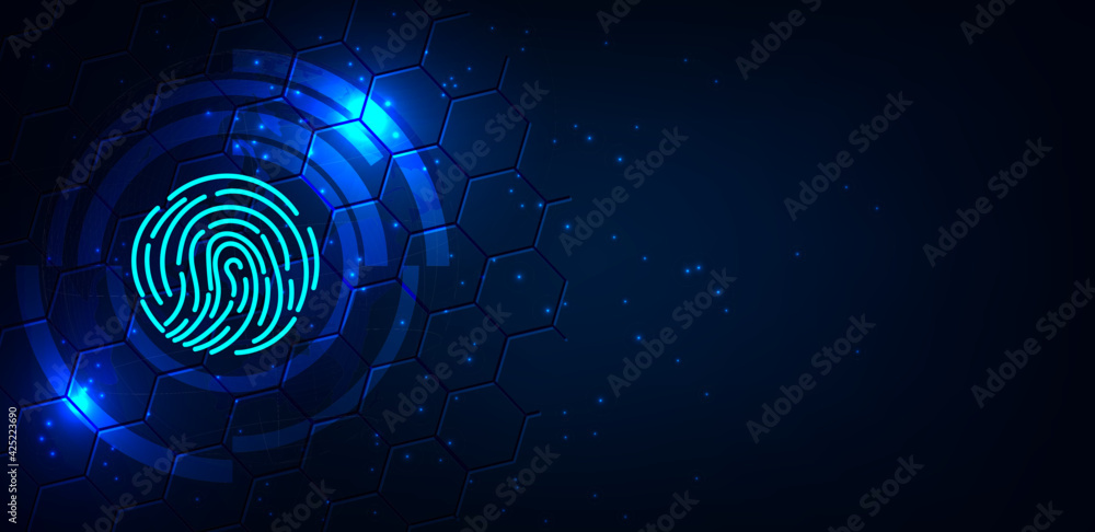 Fototapete Cyber security technology background.Fingerprint on hexagon geometric graphics dark blue.Security and password control through fingerprints.Virtual 3d Illustration.