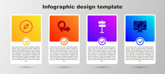 Set Compass, Location with house, Road traffic sign and Monitor location marker. Business infographic template. Vector