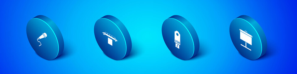 Set Isometric Microphone, USB flash drive, Projection screen and Limousine car and carpet icon. Vector