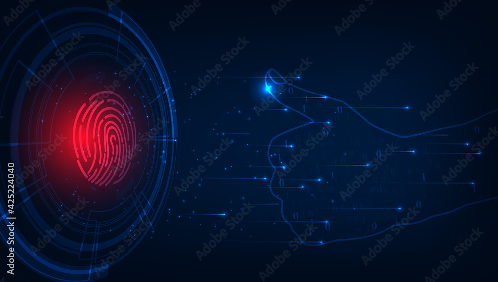 Poster cyber security with fingerprint scanning.fingerprint on hexagon geometric graphics dark blue.securit