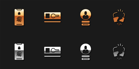Set Mobile with fingerprint scan, Key card, Create account screen and Broken or cracked lock icon. Vector