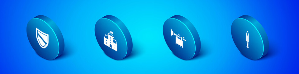 Set Isometric Shield, Trumpet with flag, Medieval sword and Castle, fortress icon. Vector