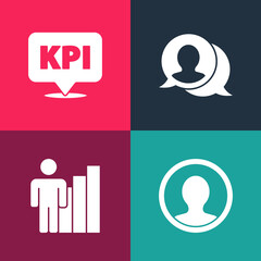 Set pop art Create account screen, Productive human, Speech bubble chat and Key performance indicator icon. Vector
