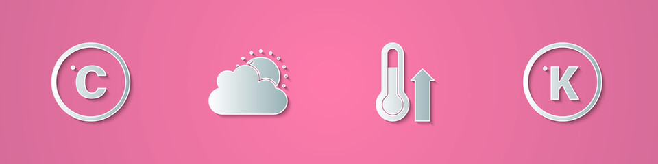 Set paper cut Celsius, Sun and cloud weather, Meteorology thermometer and Kelvin icon. Paper art style. Vector