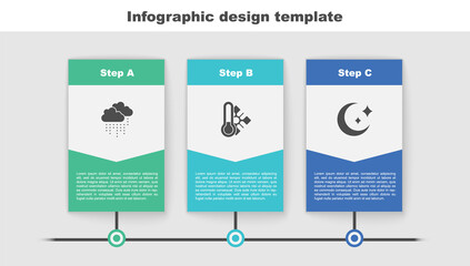 Set Cloud with rain, Meteorology thermometer and Moon and stars. Business infographic template. Vector