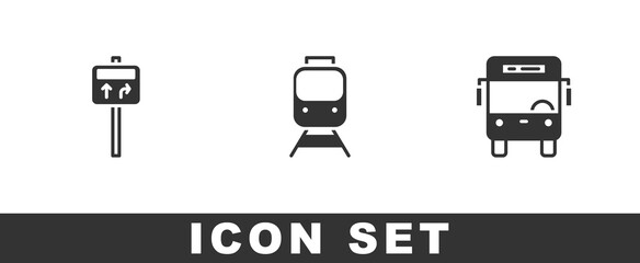 Set Road traffic signpost, Train and railway and Bus icon. Vector