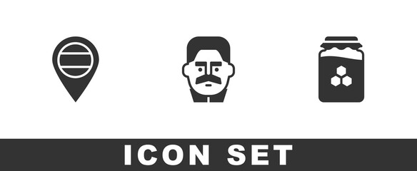 Set Location Russia, Joseph Stalin and Jar of honey icon. Vector