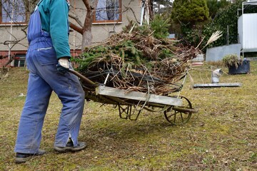 Cleaning the lawn in the garden from fallen branches and dry leaves in spring 