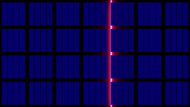 Abstract animated background in blue grid pattern - brightening from back via pink light bar in horizontal movement - endless loop