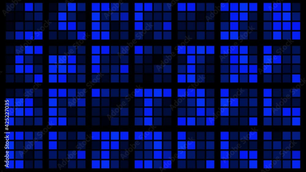 Poster abstract animated background with light show in blue design - square elements with random changing c