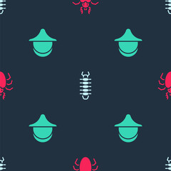 Set Beetle deer, Centipede and Beekeeper hat on seamless pattern. Vector