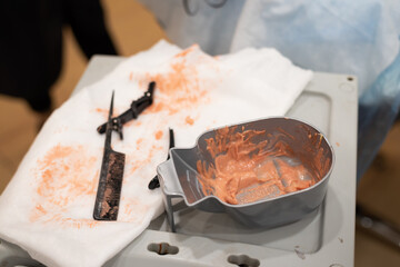 Dyeing tools in hair salon table