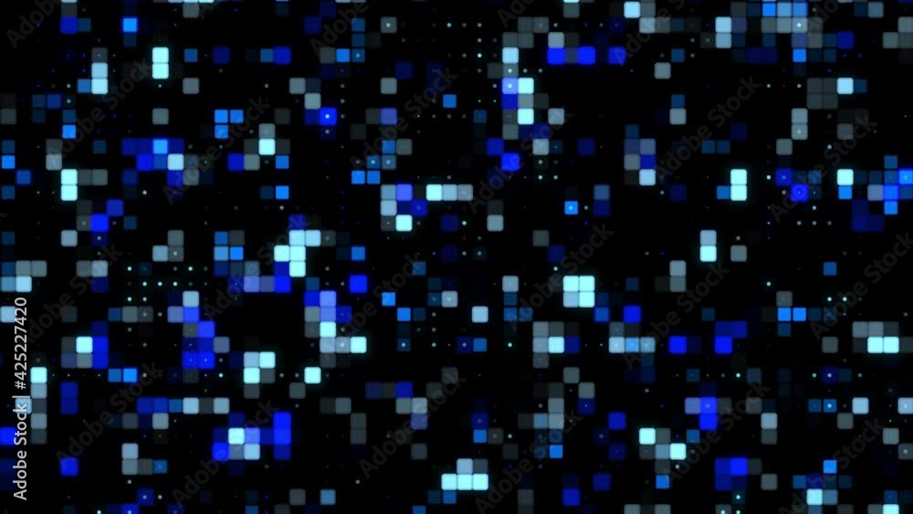 Poster hi-tech motion graphic background in blue color - square elements with random changing colors and fl