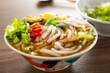 Assam Laksa (Noddle in Tangy Fish Gravy) is a Special Malaysian Food Popular in Penang