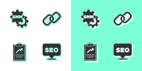 Set SEO optimization, Social media marketing, Clipboard with graph chart and Chain link icon. Vector