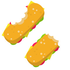 Sandwich. Bite of school lunch and a burger. Food waste. Flat cartoon illustration
