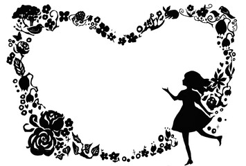 黒色のシルエットの花と少女の横向きのフレームイラスト