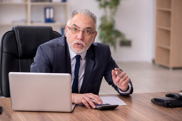 Old male bookkeeper sitting in the office