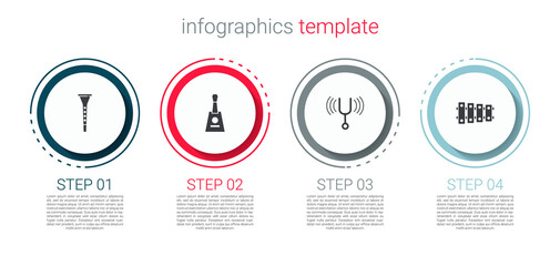 Set Clarinet, Balalaika, Musical tuning fork and Xylophone. Business infographic template. Vector