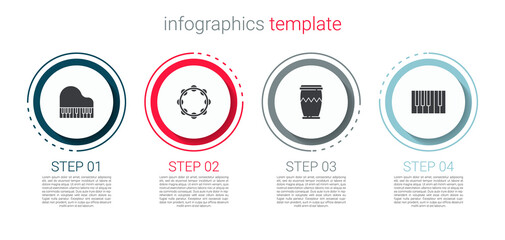 Set Grand piano, Tambourine, Drum and . Business infographic template. Vector