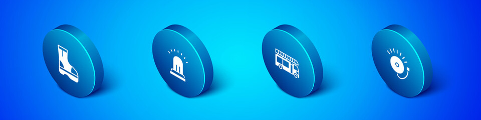 Set Isometric Fire boots, truck, Ringing alarm bell and icon. Vector