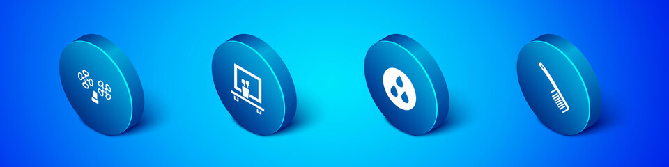 Set Isometric Water tap, drop, Hairbrush and Washbasin mirror icon. Vector