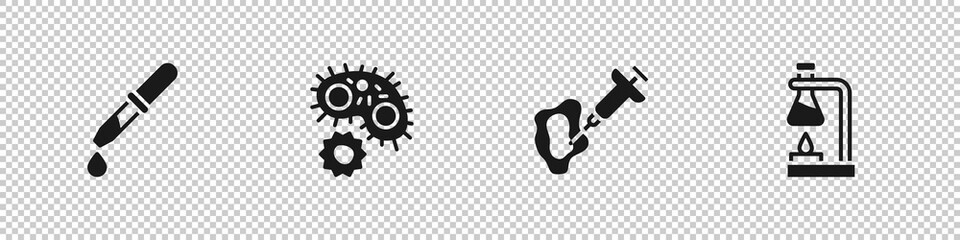 Set Pipette, Virus, Syringe and Test tube flask on fire icon. Vector