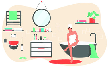 Vector colorful illustration of a woman after taking bath in a cosy bathroom interior with cosmetics and towels isolated on white background