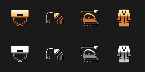 Set Bellboy hat, Shower head, Electric iron and Bathrobe icon. Vector