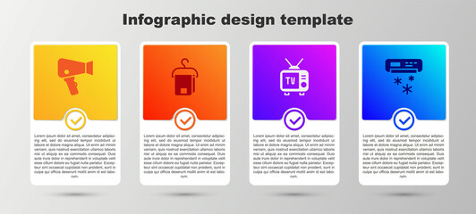 Set Hair dryer, Towel on hanger, Retro tv and Air conditioner. Business infographic template. Vector
