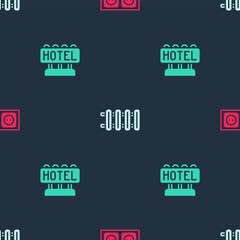 Set Electrical outlet, Heating radiator and Signboard with text Hotel on seamless pattern. Vector