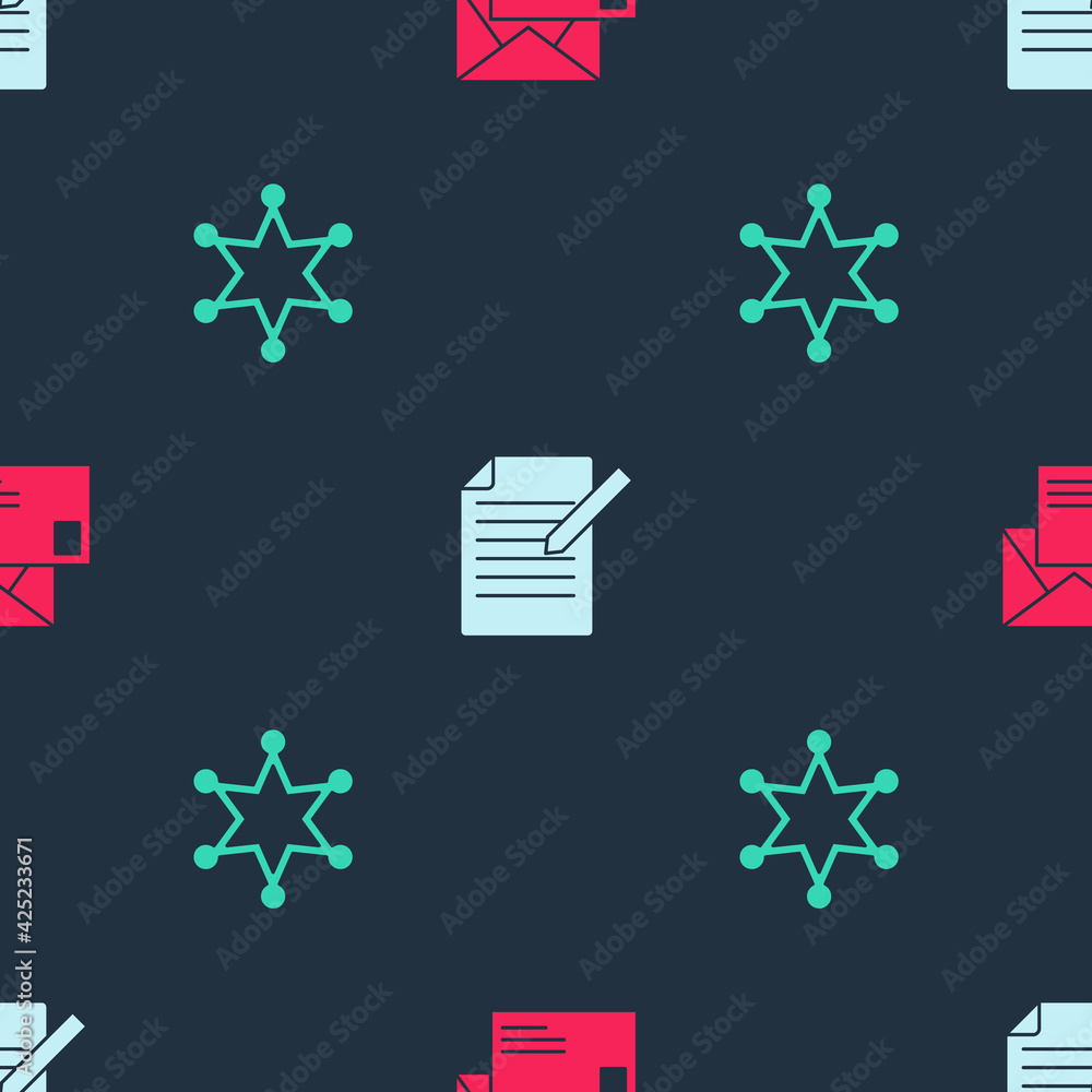 Poster set envelope, document and pen and hexagram sheriff on seamless pattern. vector
