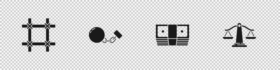 Obraz premium Set Prison window, Ball chain, Bribe money cash and Scales of justice icon. Vector