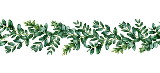 Green leaf Buxus seamless border. Lush boxwood branch decor. Floral endless decorative ornament. Watercolor illustration. Realistic elegant seamless border. Botanical realistic element - obrazy, fototapety, plakaty
