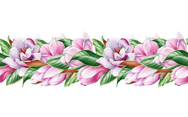 Magnolia flower seamless border. Tender pink magnolia blossom decor. Floral endless decorative ornament. Watercolor illustration. Realistic elegant seamless border. Botanical realistic element