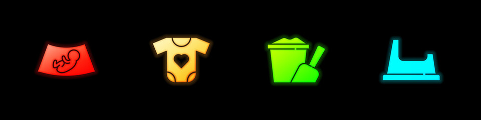 Set Ultrasound of baby, Baby clothes, Sand in bucket with shovel and potty icon. Vector