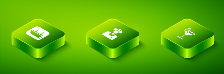 Set Isometric Tourist, Cocktail and Lifeboat icon. Vector
