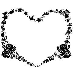 花の黒いシルエットのハート形のフレームイラスト