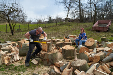 Couple of farmers splitting wood