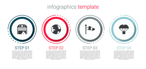 Set Aircraft hangar, Worldwide, Cone meteorology windsock and Box flying parachute. Business infographic template. Vector