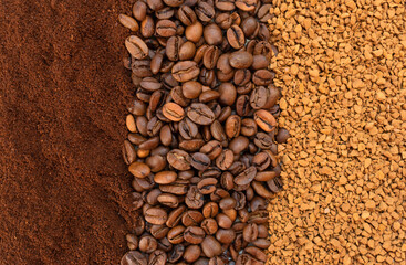 Coffee in different processing, ground, beans and granules. Coffee background.
