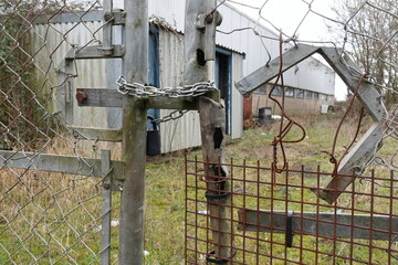 Obraz premium padlock on a vandalized gate fence