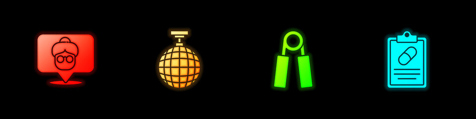 Set Nursing home, Disco ball, Sport expander and Medical prescription icon. Vector