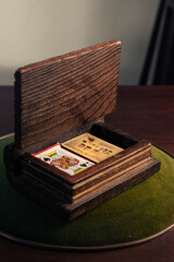 old wooden cart chess open showing two mazes of poker carts