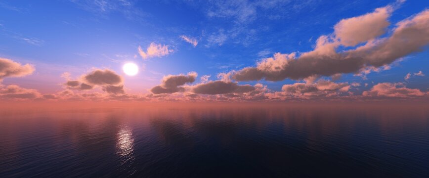 Beautiful sea sunset, panorama of the ocean at sunset, sunrise over the sea,, 3d rendering © ustas