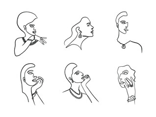 Vector hand drawn set of sketch illustrations of line art woman silhouettes as icons isolated on white background